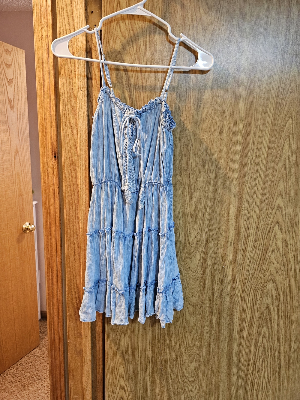 Salty Lemon Light Blue Tiered Boho Smocked Mini Dress  - Medium